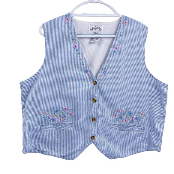 Solutions Original Tops - Vintage Solutions Preppy floral embroidered vest size XL 1X blue white stripe 90